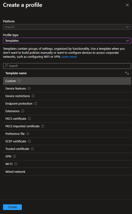 Intune Configuration profiles – Create profile